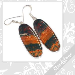 Bloodstone Large Silver Artisan Earrings, 2.4” (Green, Maroon Red, Rust Orange)